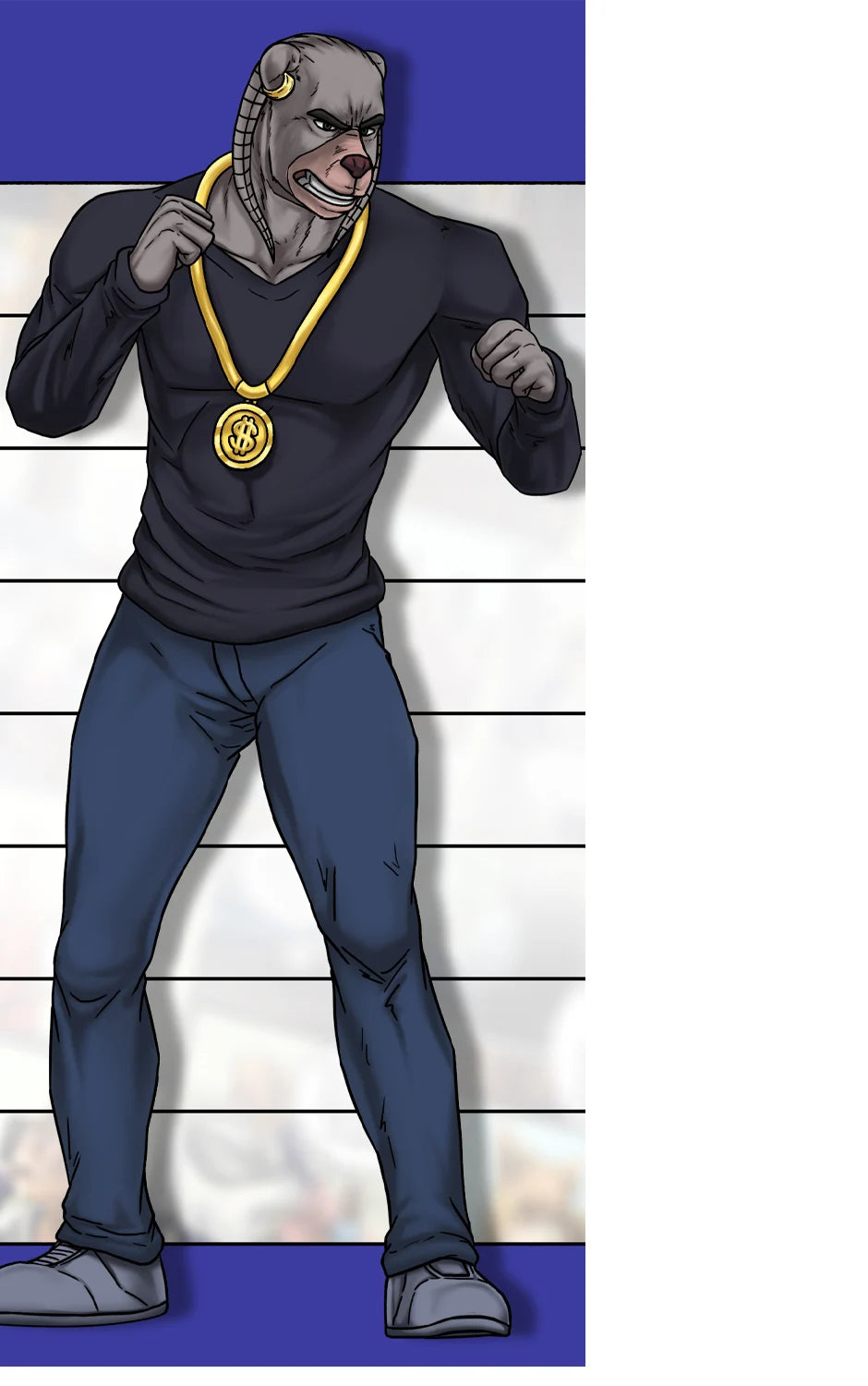 Bennie in his original comic design, wearing a gold chain and dark shirt