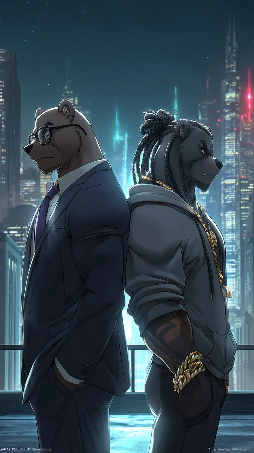 Scoggie and Bennie standing back-to-back against a night-time city skyline
