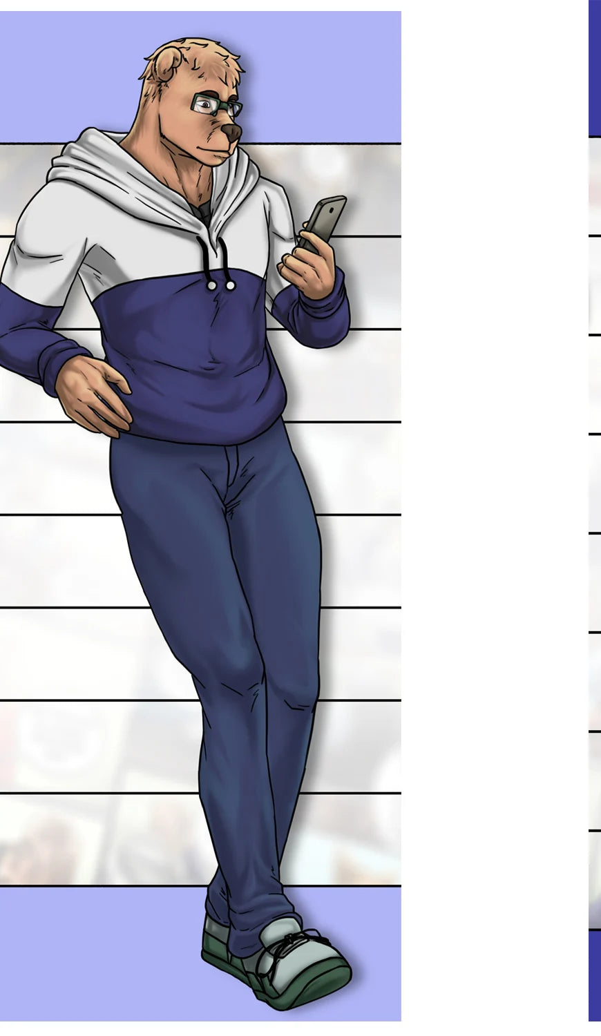 Scoggie in his original comic design, wearing glasses and a hoodie